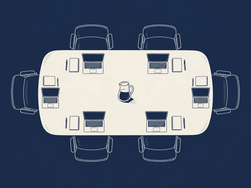 A line drawing of a conference table seen from above with a laptop and a notepad at every seat.