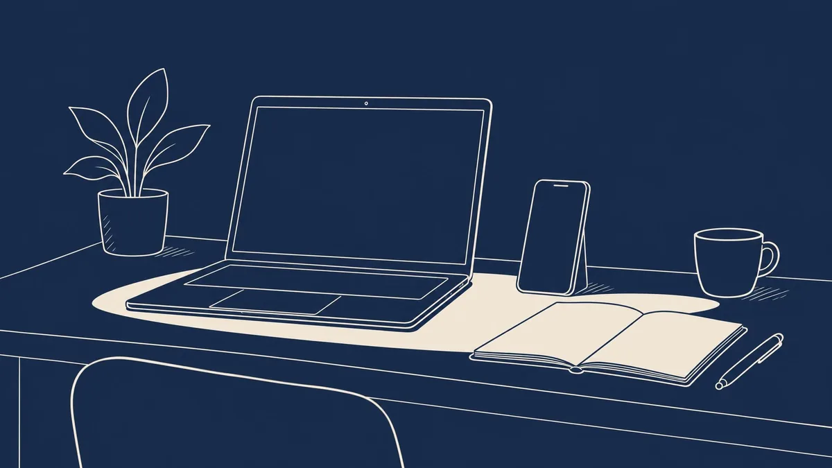 A line drawing of a laptop and a phone on a desk beside an open notebook, set out for an in-person AI course.