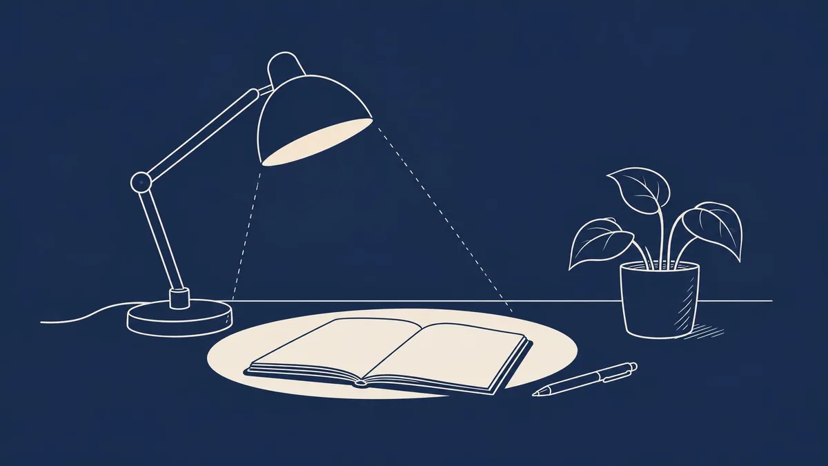 A hand-drawn line illustration of a desk lamp shining on an open notebook, in cream lines on navy.